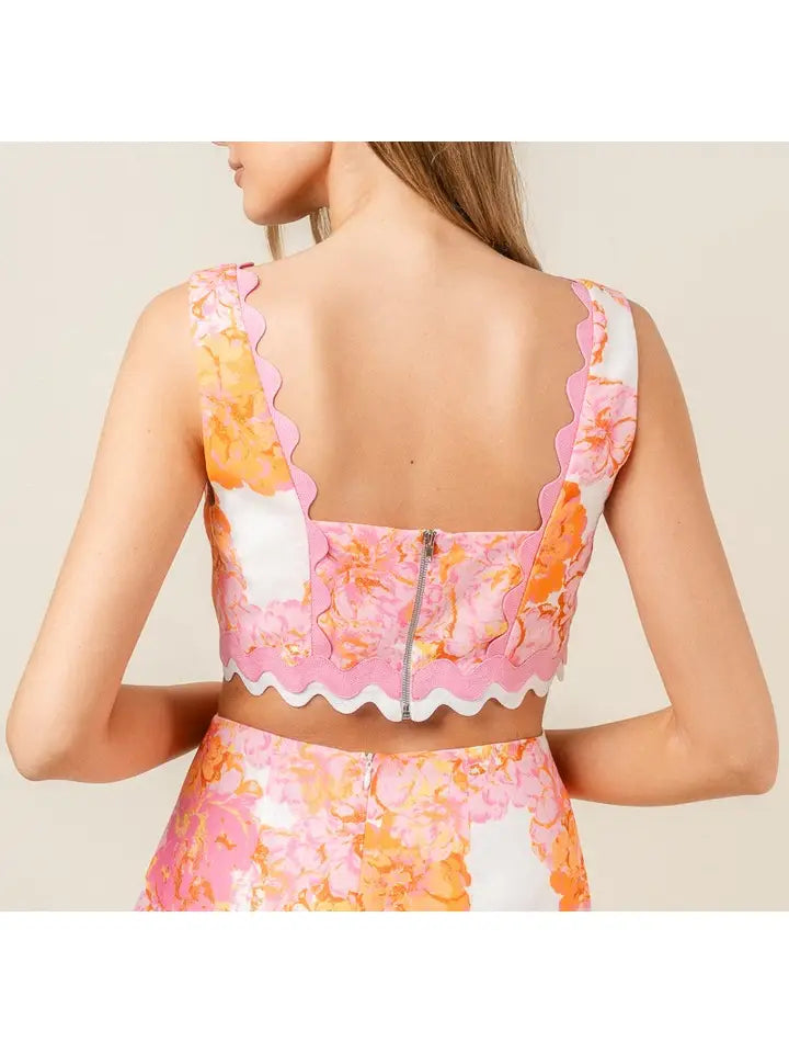 Fore Collection- Pastel Floral Retro Wave Trims Cropped Top