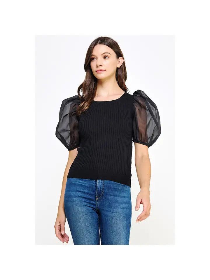 Strut & Bolt- Black Sheer Puff Sleeve Ribbed Knit Top