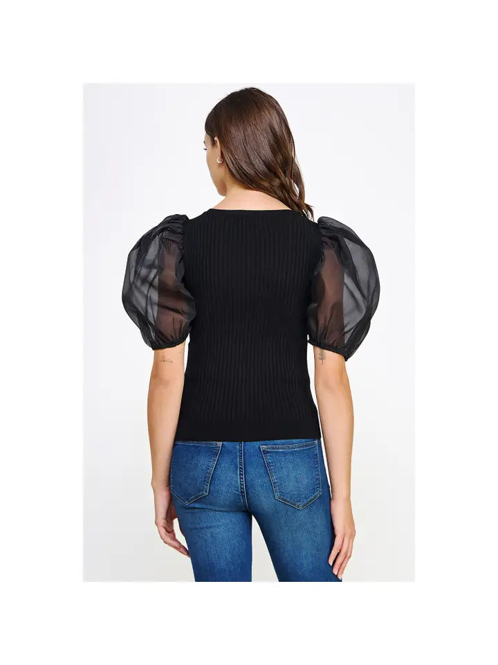 Strut & Bolt- Black Sheer Puff Sleeve Ribbed Knit Top