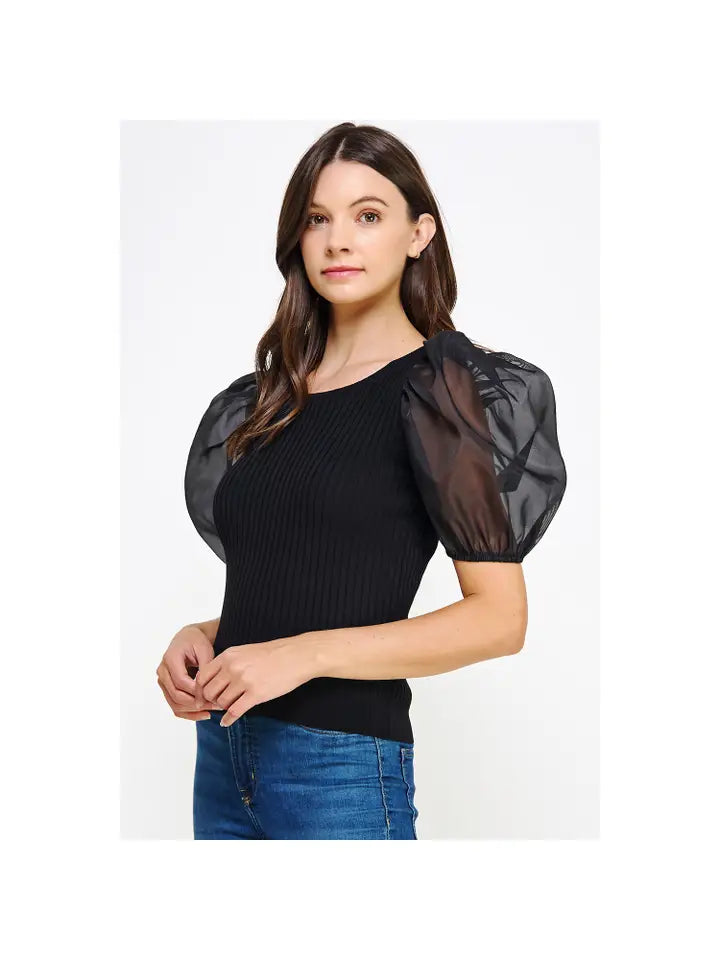 Strut & Bolt- Black Sheer Puff Sleeve Ribbed Knit Top