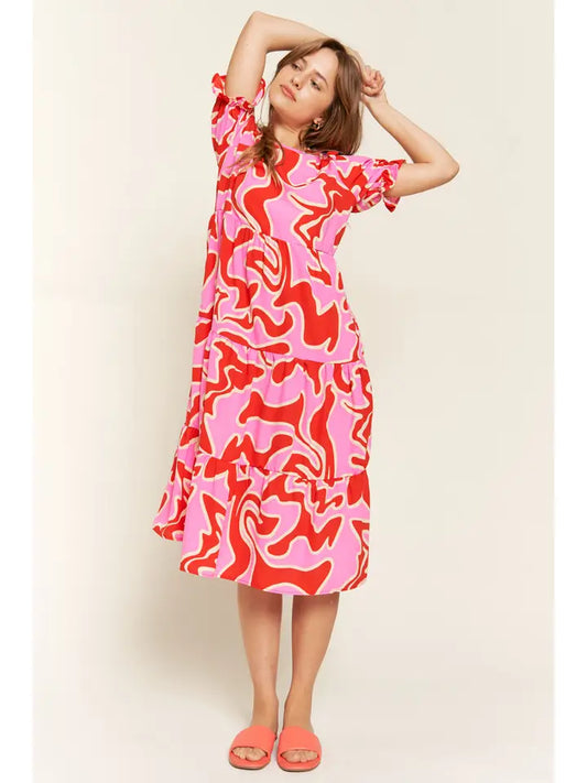 Jade by Jane- Tiered Short Sleeve Printed A-Line Midi Dress