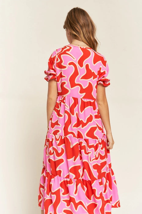 Jade by Jane- Tiered Short Sleeve Printed A-Line Midi Dress