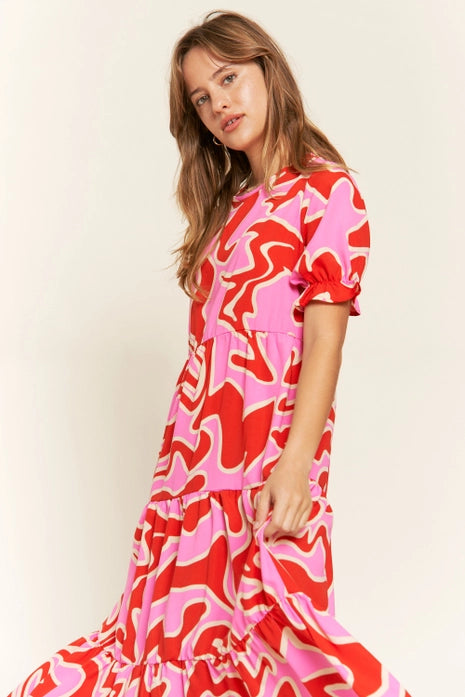 Jade by Jane- Tiered Short Sleeve Printed A-Line Midi Dress