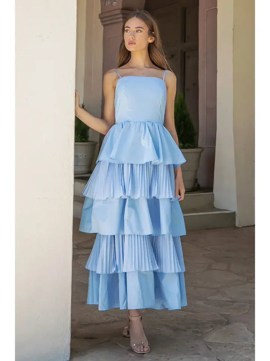 Strut & Bolt- Mixed Pleat Tiered Poplin Maxi Dress