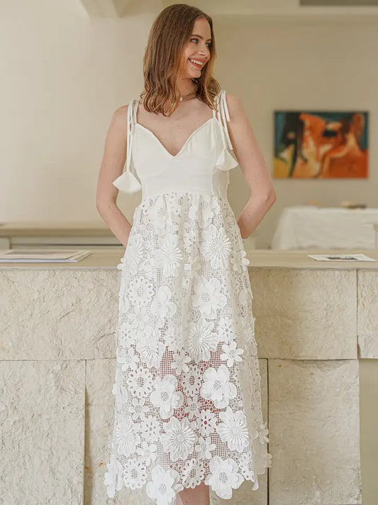 Rosie Posie- Ivory Midi Dress with Delicate 3D Lace Florals