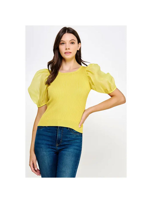 Strut & Bolt- Chartreuse Sheer Puff Sleeve Ribbed Knit Top